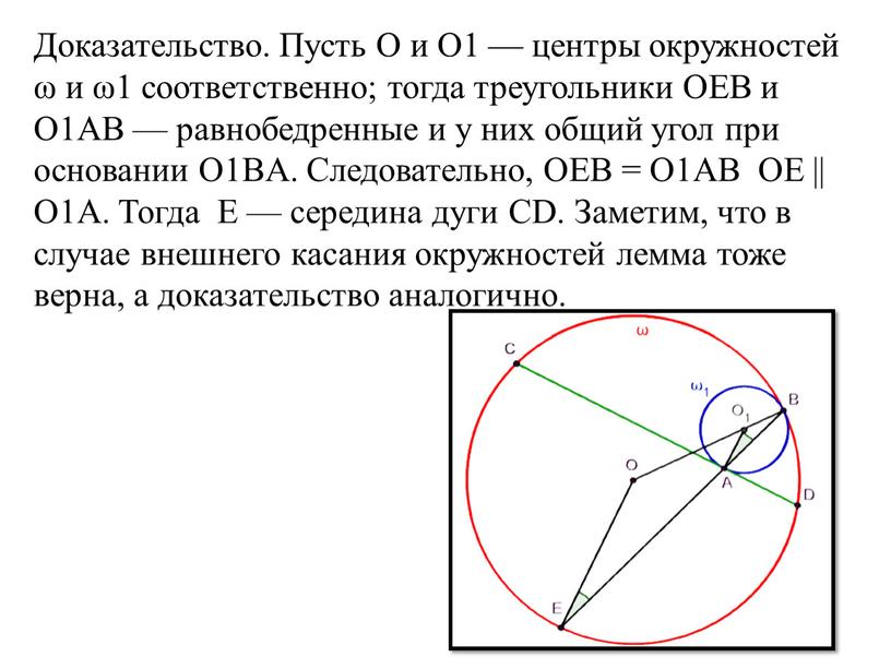 Доказательство. Пусть O и O1 — центры окружностей ω и ω1 соответственно; тогда треугольники