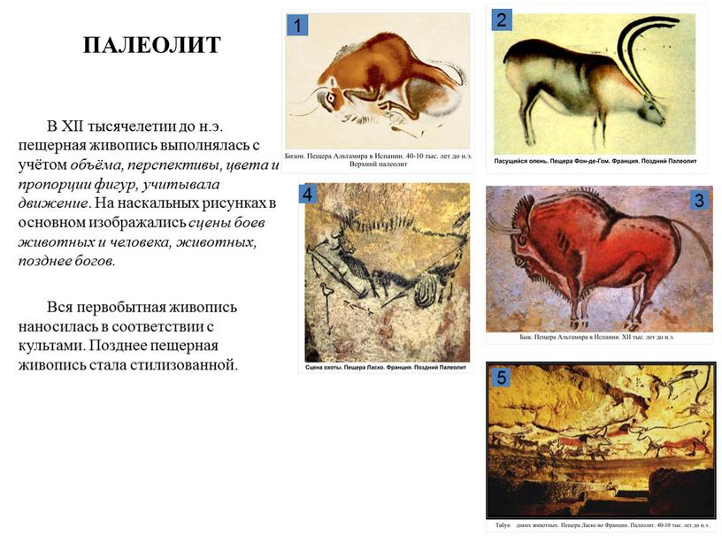 В XII тысячелетии до н.э. пещерная живопись выполнялась с учётом объёма, перспективы, цвета и пропорции фигур, учитывала движение