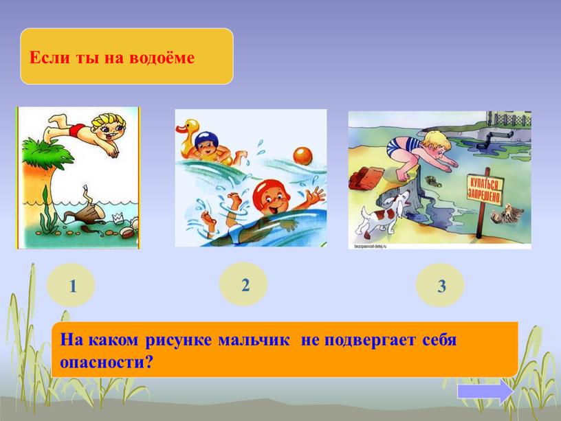 Если ты на водоёме На каком рисунке мальчик не подвергает себя опасности? 1 2 3