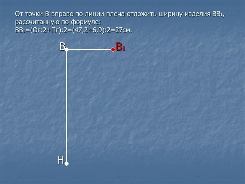 От точки В вправо по линии плеча отложить ширину изделия