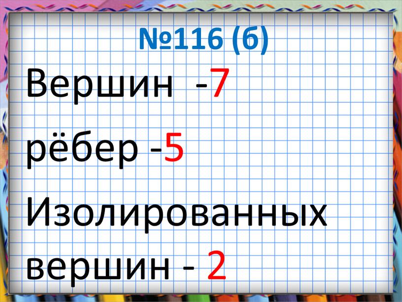 Вершин -7 рёбер -5 Изолированных вершин - 2