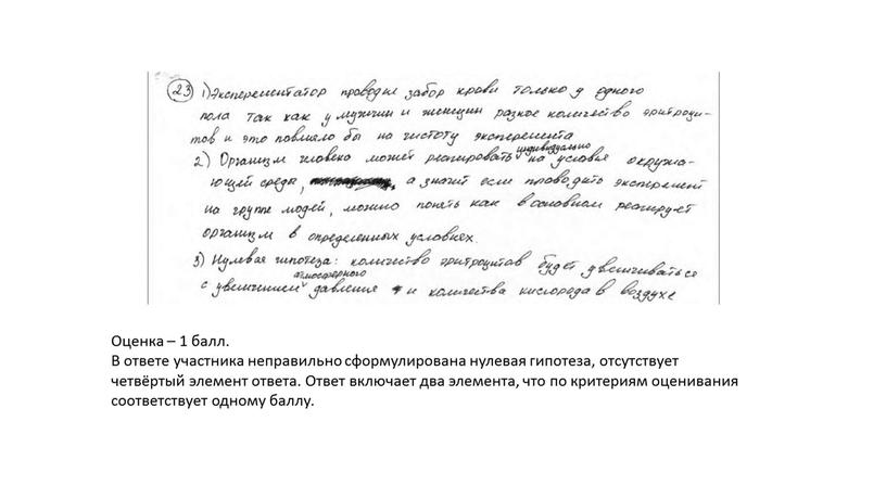 Оценка – 1 балл. В ответе участника неправильно сформулирована нулевая гипотеза, отсутствует четвёртый элемент ответа