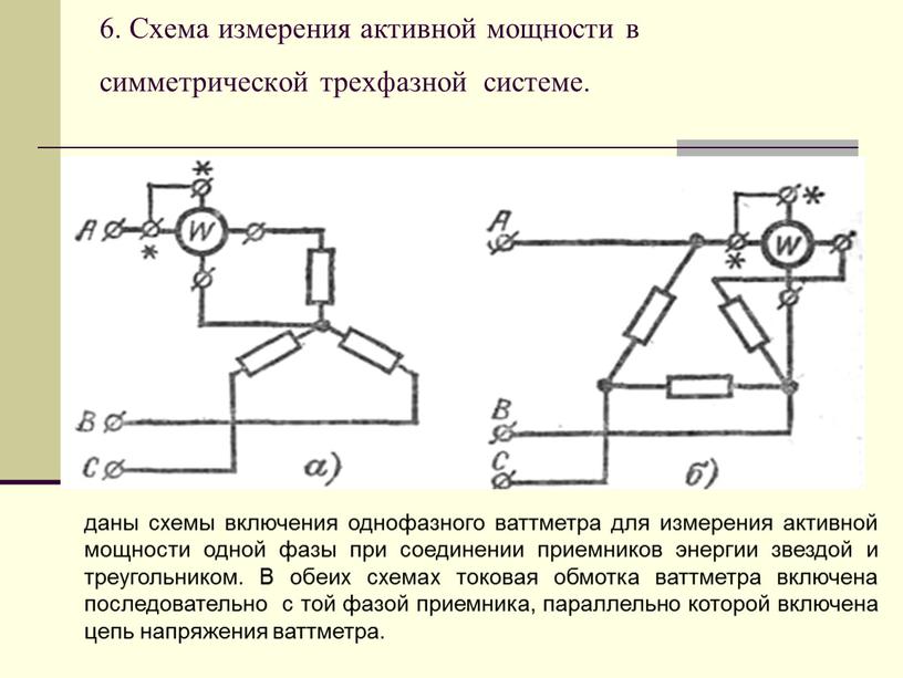 Схема измерения активной мощности в симметрической трехфазной системе