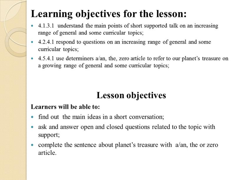 Learning objectives for the lesson: 4