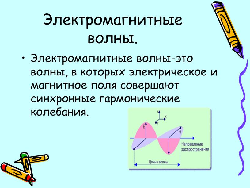 Электромагнитные волны. Электромагнитные волны-это волны, в которых электрическое и магнитное поля совершают синхронные гармонические колебания