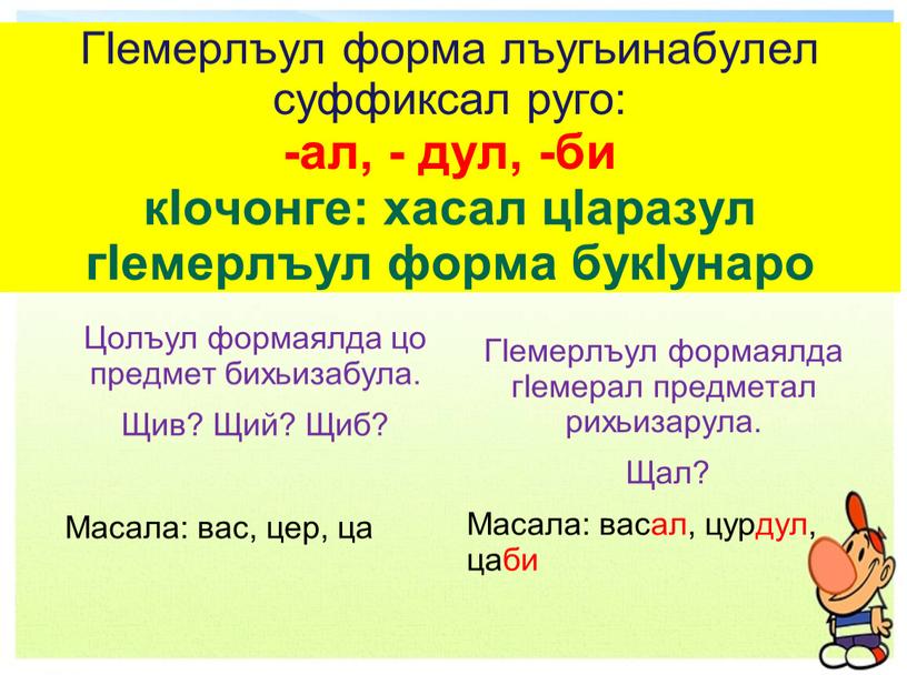 ГIемерлъул форма лъугьинабулел суффиксал руго: -ал, - дул, -би кIочонге: хасал цIаразул гIемерлъул форма букIунаро
