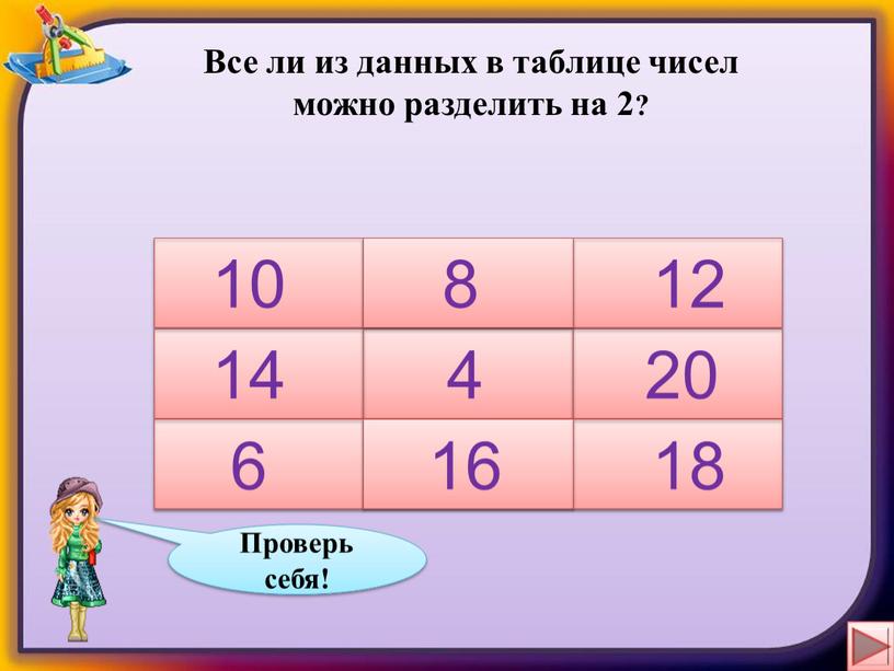 Все ли из данных в таблице чисел можно разделить на 2? 10 9 12 4 14 20 6 15 18