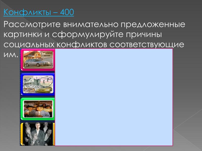 Конфликты – 400 Рассмотрите внимательно предложенные картинки и сформулируйте причины социальных конфликтов соответствующие им