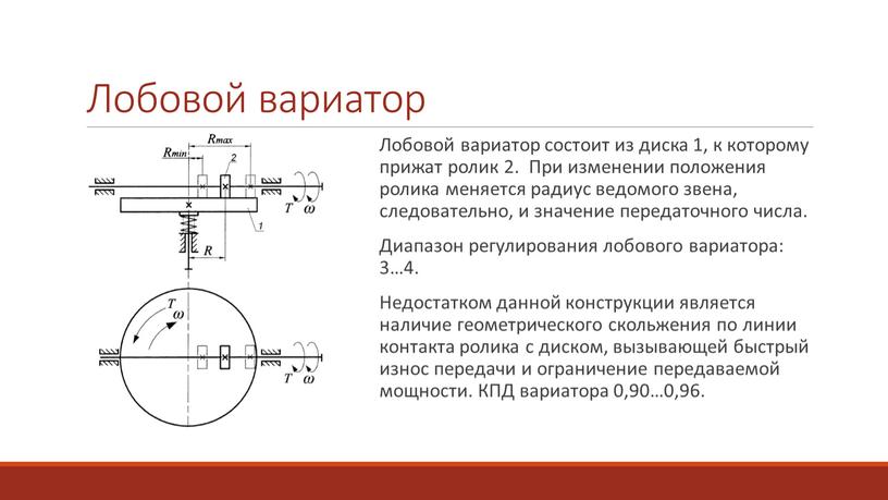 Лобовой вариатор Лобовой вариатор состоит из диска 1, к которому прижат ролик 2