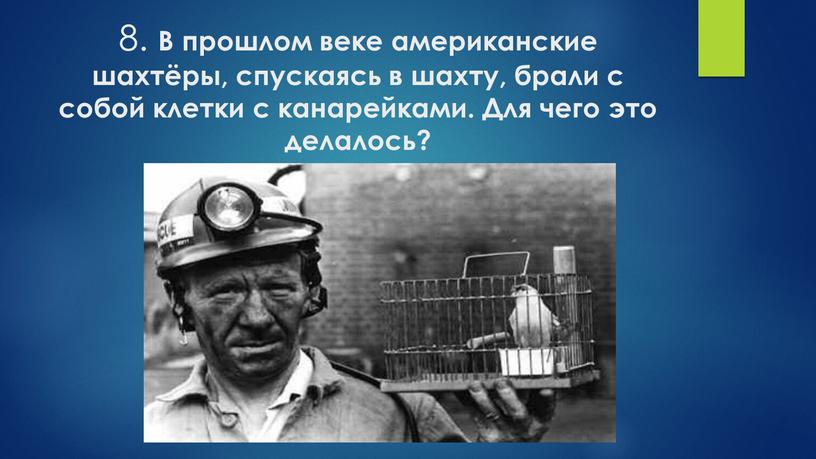 В прошлом веке американские шахтёры, спускаясь в шахту, брали с собой клетки с канарейками