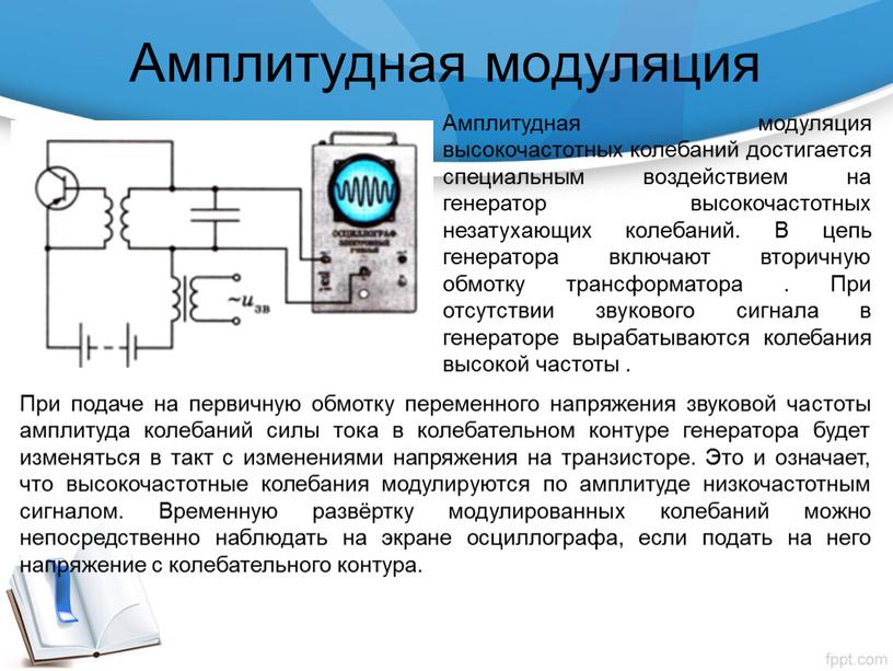 Амплитудная модуляция При подаче на первичную обмотку переменного напряжения звуковой частоты амплитуда колебаний силы тока в колебательном контуре генератора будет изменяться в такт с изменениями…