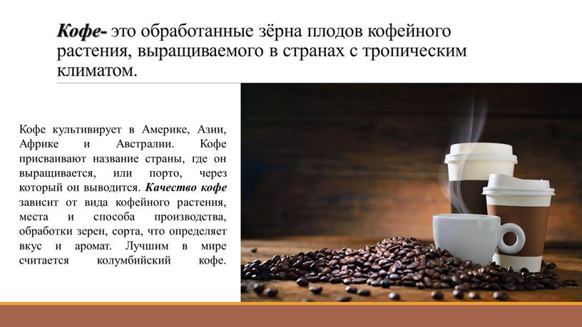 Кофе- это обработанные зёрна плодов кофейного растения, выращиваемого в странах с тропическим климатом
