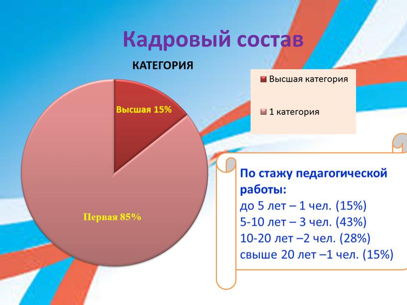 Кадровый состав По стажу педагогической работы: до 5 лет – 1 чел