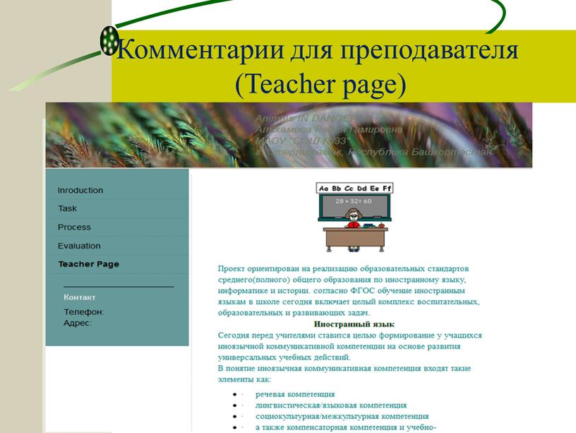 Комментарии для преподавателя (Teacher page)
