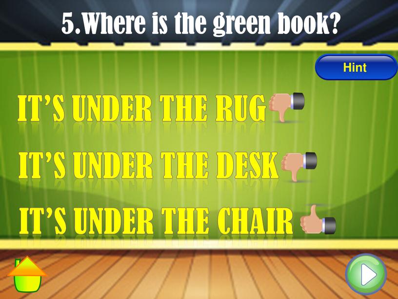 Where is the green book? It’s under the chair