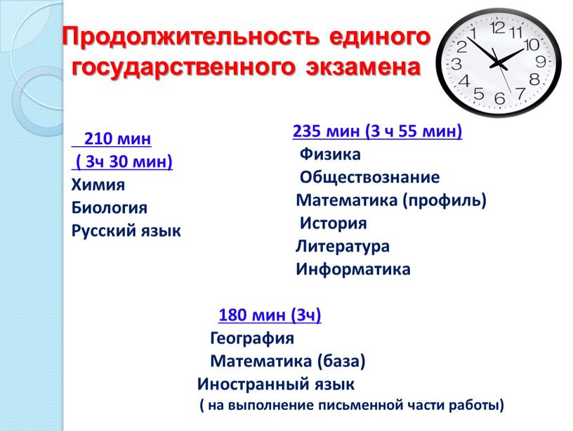 Продолжительность единого государственного экзамена 210 мин ( 3ч 30 мин)