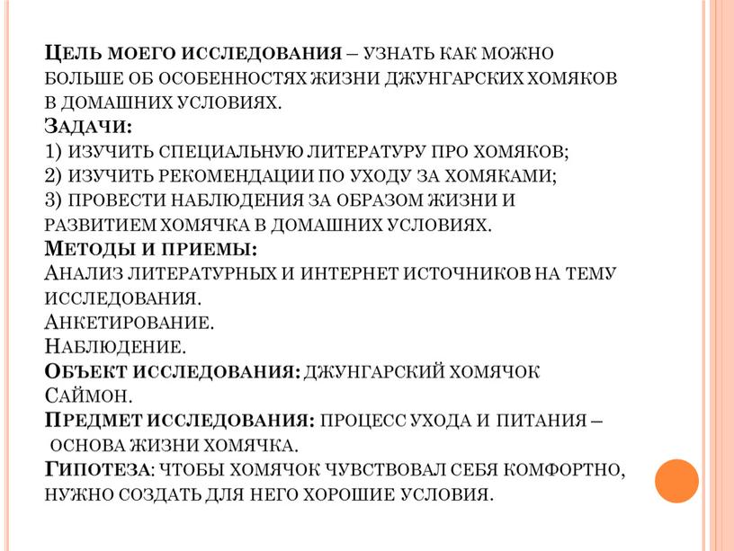 Цель моего исследования – узнать как можно больше об особенностях жизни джунгарских хомяков в домашних условиях