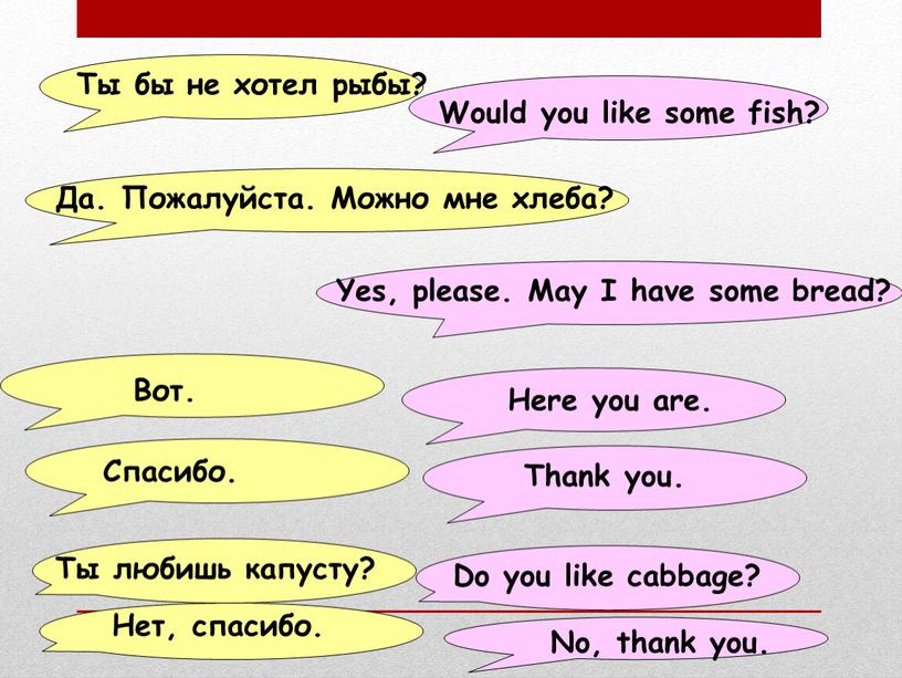 Ты бы не хотел рыбы? Would you like some fish?