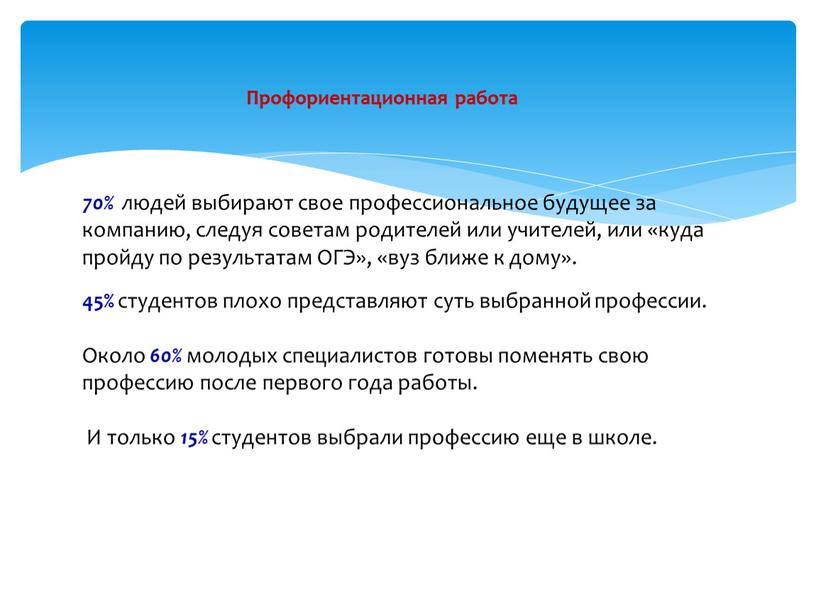 ОГЭ», «вуз ближе к дому». 45% студентов плохо представляют суть выбранной профессии