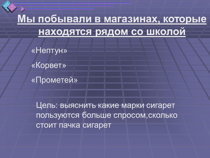 Мы побывали в магазинах, которые находятся рядом со школой «Нептун» «Корвет» «Прометей»