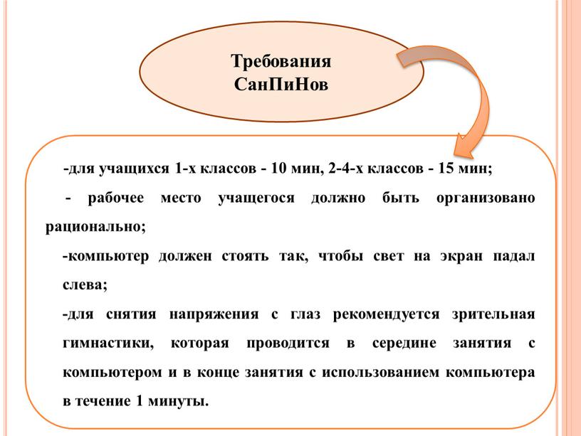 Требования СанПиНов -для учащихся 1-х классов - 10 мин, 2-4-х классов - 15 мин; - рабочее место учащегося должно быть организовано рационально; -компьютер должен стоять…