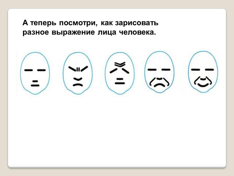 А теперь посмотри, как зарисовать разное выражение лица человека