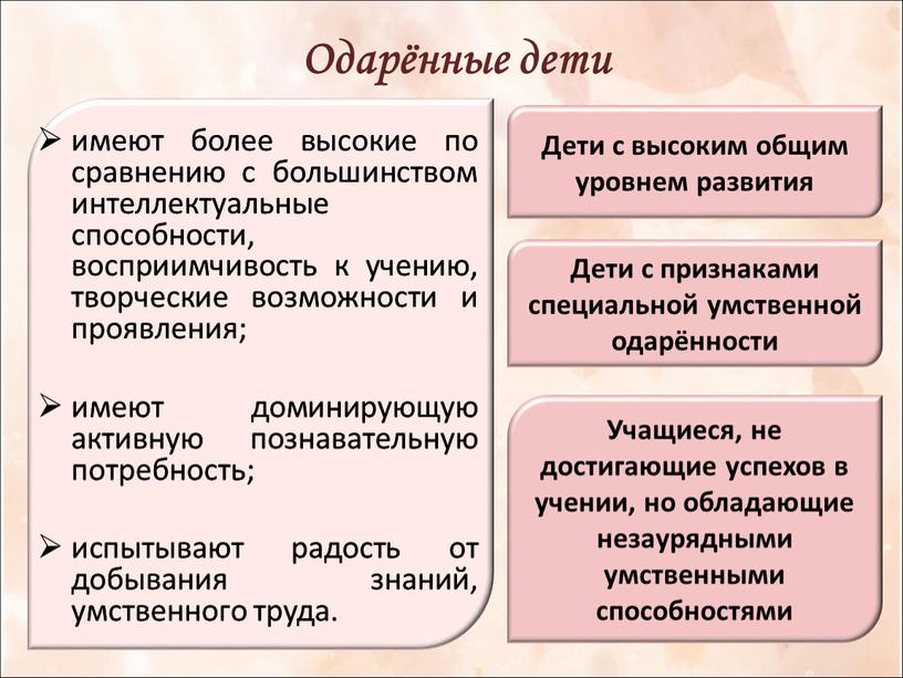 Одарённые дети имеют более высокие по сравнению с большинством интеллектуальные способности, восприимчивость к учению, творческие возможности и проявления; имеют доминирующую активную познавательную потребность; испытывают радость…