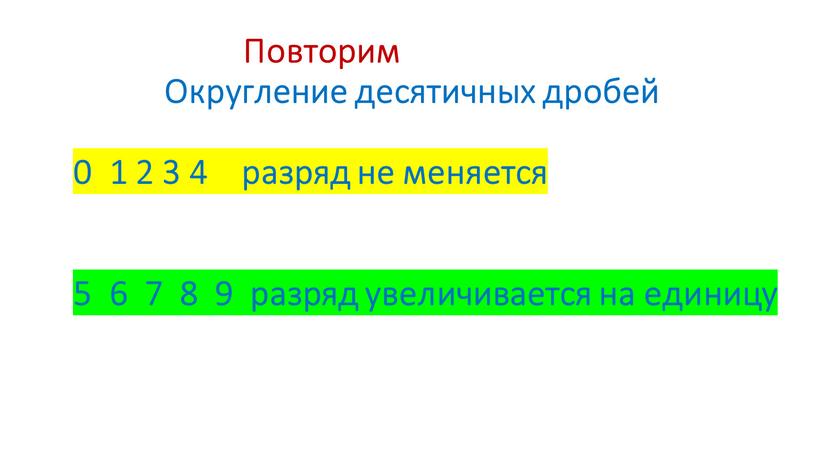 Повторим Округление десятичных дробей 0 1 2 3 4 разряд не меняется 5 6 7 8 9 разряд увеличивается на единицу