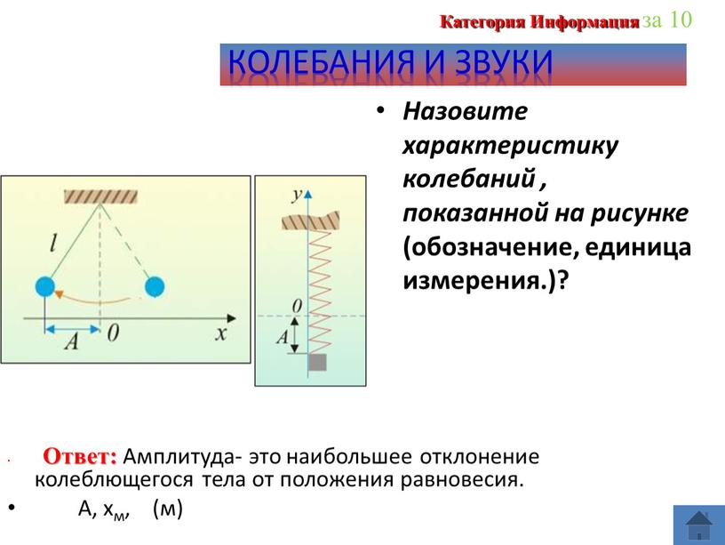 Ответ: Амплитуда- это наибольшее отклонение колеблющегося тела от положения равновесия