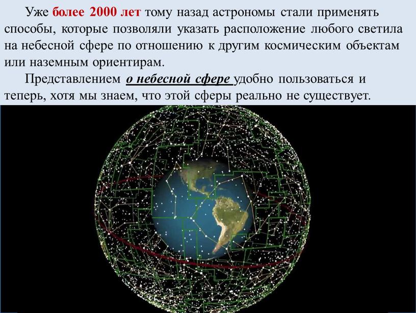 Уже более 2000 лет тому назад астрономы стали применять способы, которые позволяли указать расположение любого светила на небесной сфере по отношению к другим космическим объектам…