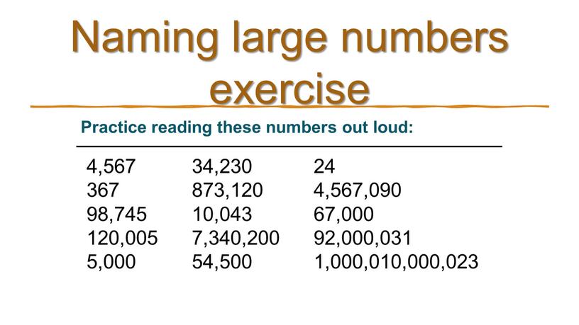 Naming large numbers exercise Practice reading these numbers out loud: 4,567 367 98,745 120,005 5,000 34,230 873,120 10,043 7,340,200 54,500 24 4,567,090 67,000 92,000,031 1,000,010,000,023
