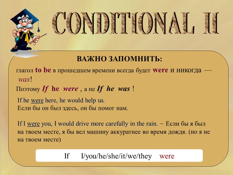 CONDITIONAL II ВАЖНО ЗАПОМНИТЬ: глагол to be в прошедшем времени всегда будет were и никогда — was !