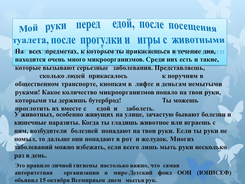 Мой руки перед едой, после посещения туалета, после прогулки и игры с животными