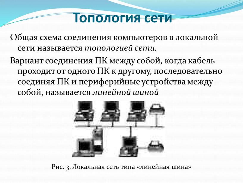 Топология сети Общая схема соединения компьютеров в локальной сети называется топологией сети