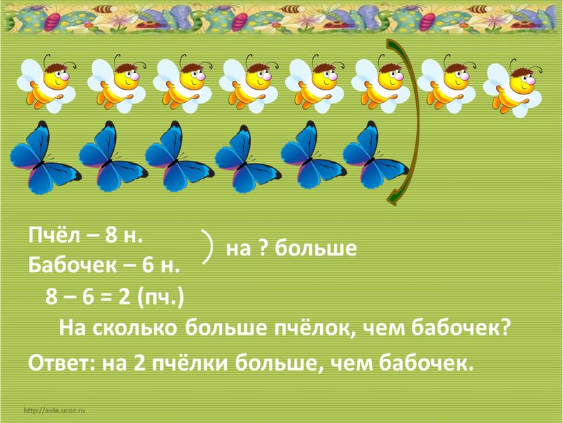 Пчёл – 8 н. Бабочек – 6 н. на ? больше 8 – 6 = 2 (пч