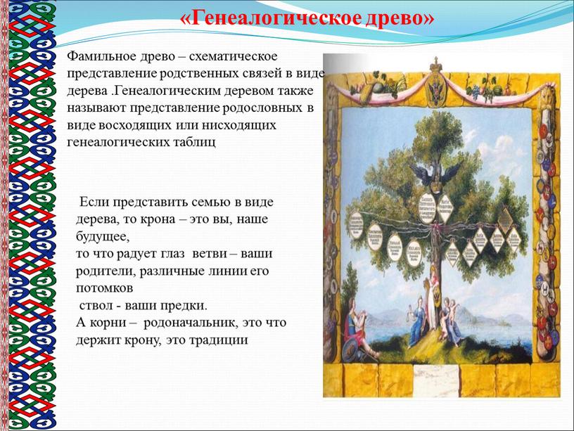 Если представить семью в виде дерева, то крона – это вы, наше будущее, то что радует глаз ветви – ваши родители, различные линии его потомков…