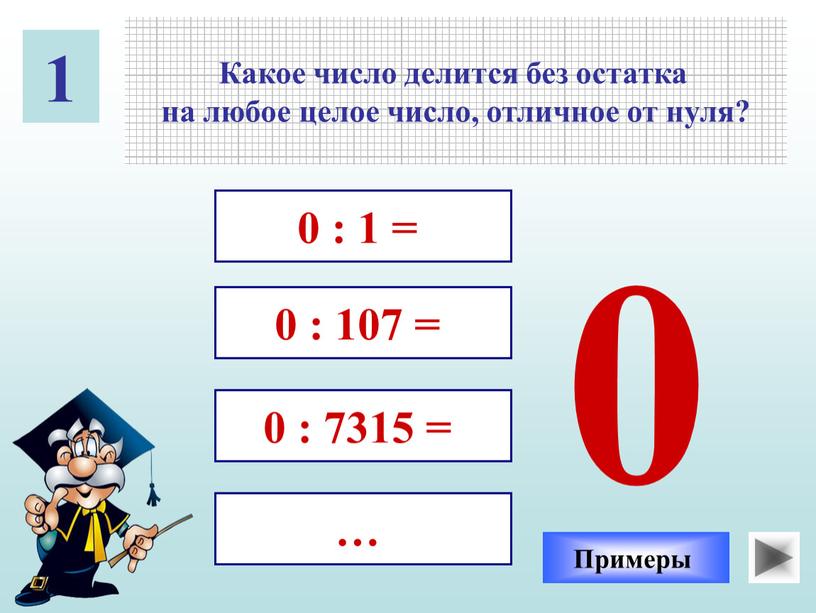 Какое число делится без остатка на любое целое число, отличное от нуля? 0 : 1 = 0 : 107 = 0 : 7315 = …