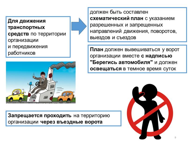 Для движения транспортных средств по территории организации и передвижения работников должен быть составлен схематический план с указанием разрешенных и запрещенных направлений движения, поворотов, выездов и…