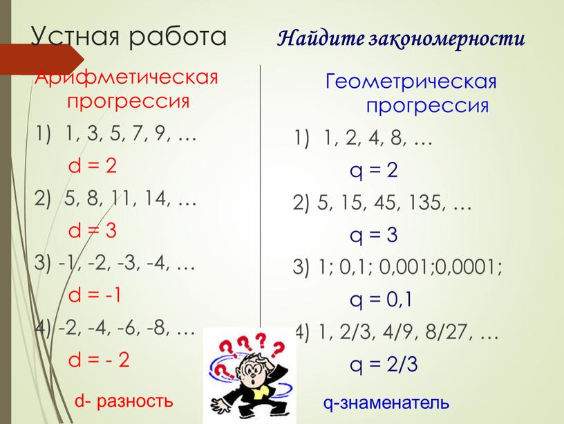 Устная работа Арифметическая прогрессия 1) 1, 3, 5, 7, 9, … d = 2 2) 5, 8, 11, 14, … d = 3 3) -1,…
