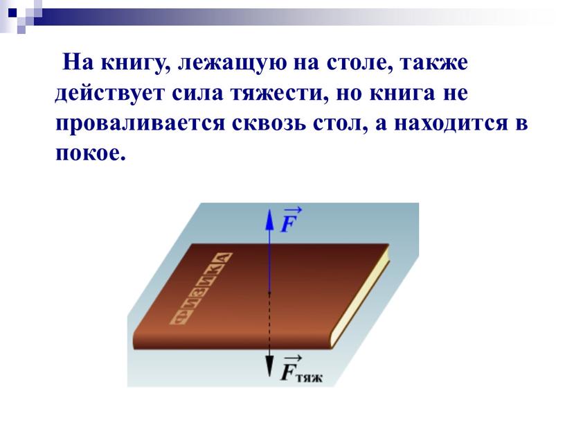 На книгу, лежащую на столе, также действует сила тяжести, но книга не проваливается сквозь стол, а находится в покое