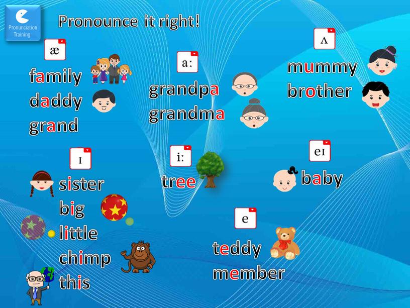 Pronounce it right! family daddy grand grandpa grandma mummy brother sister big little chimp this tree teddy member baby