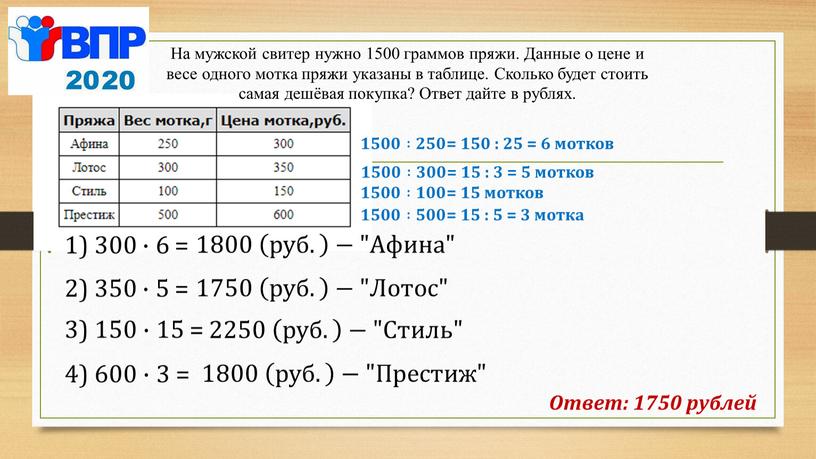 Афина" Ответ: 1750 рублей На мужской свитер нужно 1500 граммов пряжи