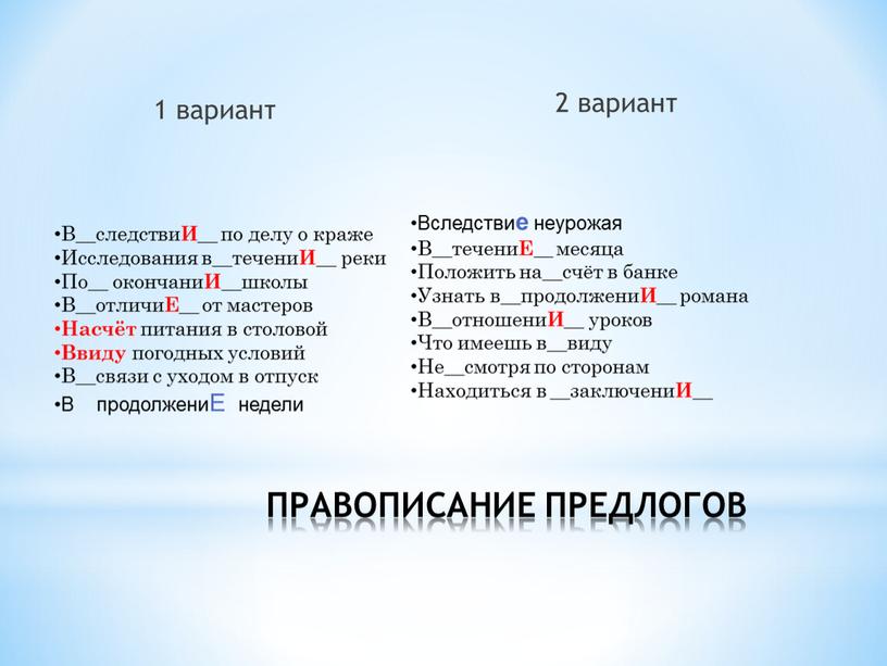 ПРАВОПИСАНИЕ ПРЕДЛОГОВ 1 вариант 2 вариант