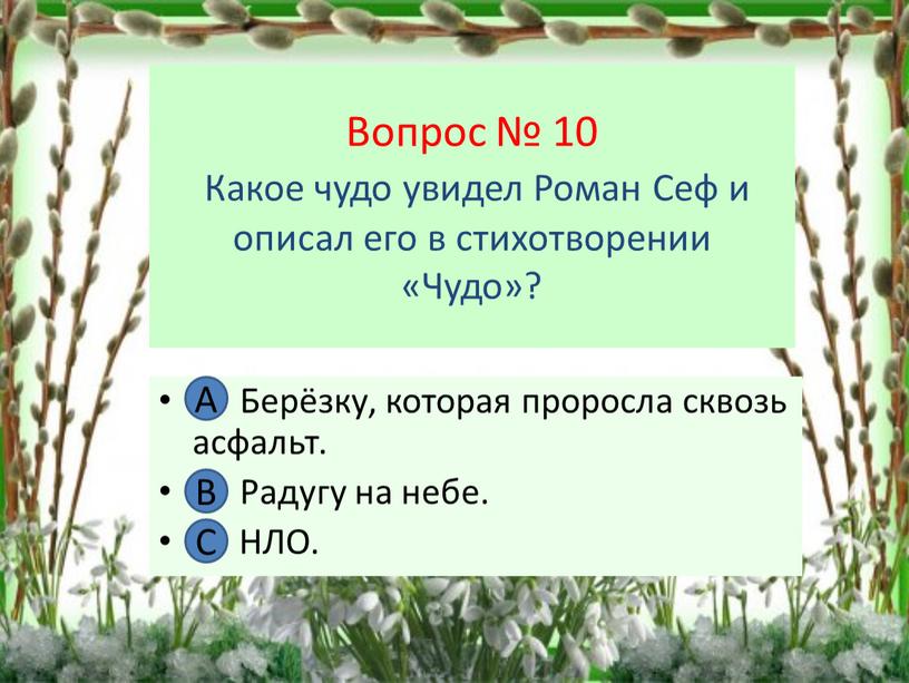 Вопрос № 10 Какое чудо увидел