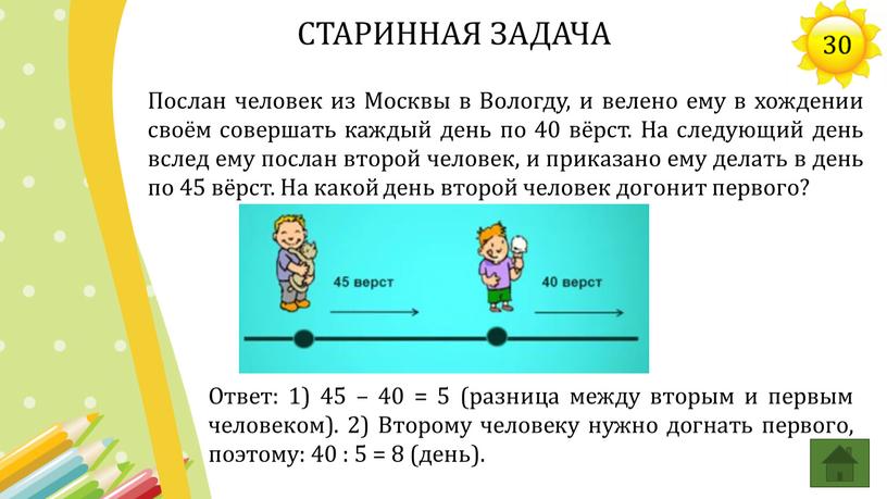 Послан человек из Москвы в Вологду, и велено ему в хождении своём совершать каждый день по 40 вёрст