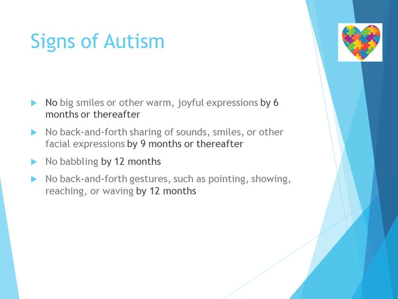 Signs of Autism No big smiles or other warm, joyful expressions by 6 months or thereafter