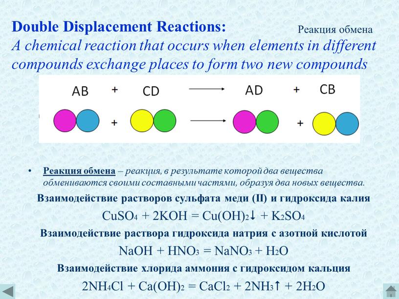 Реакция обмена Реакция обмена – реакция, в результате которой два вещества обмениваются своими составными частями, образуя два новых вещества