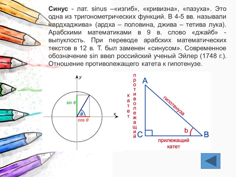 Синус - лат. sinus –«изгиб», «кривизна», «пазуха»