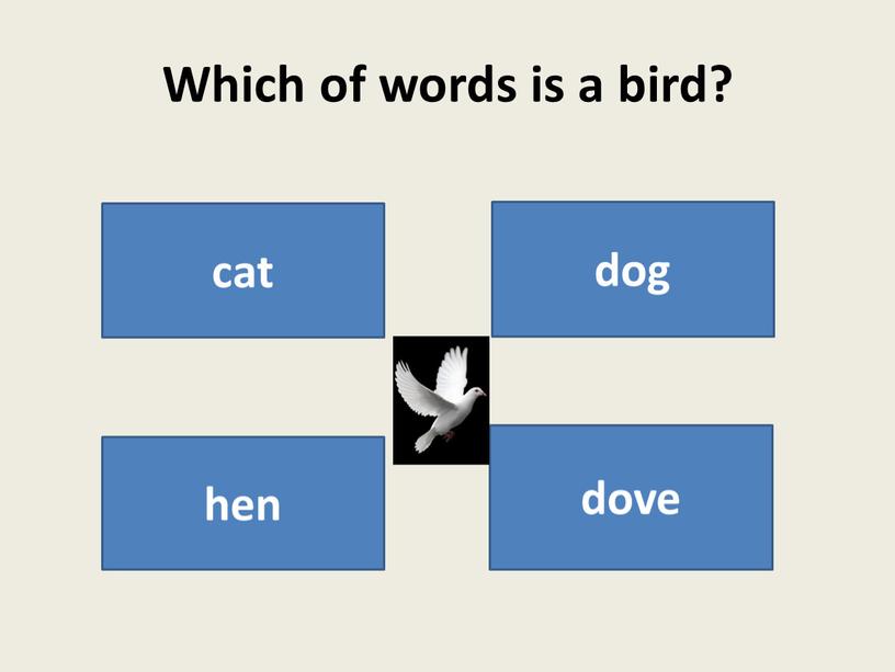 Which of words is a bird? cat dog dove hen