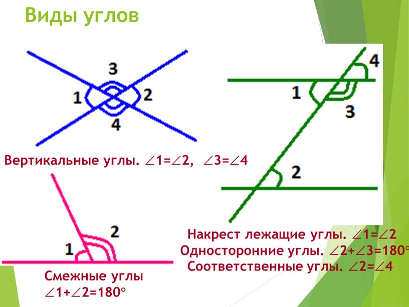 Виды углов Вертикальные углы. 1=2, 3=4